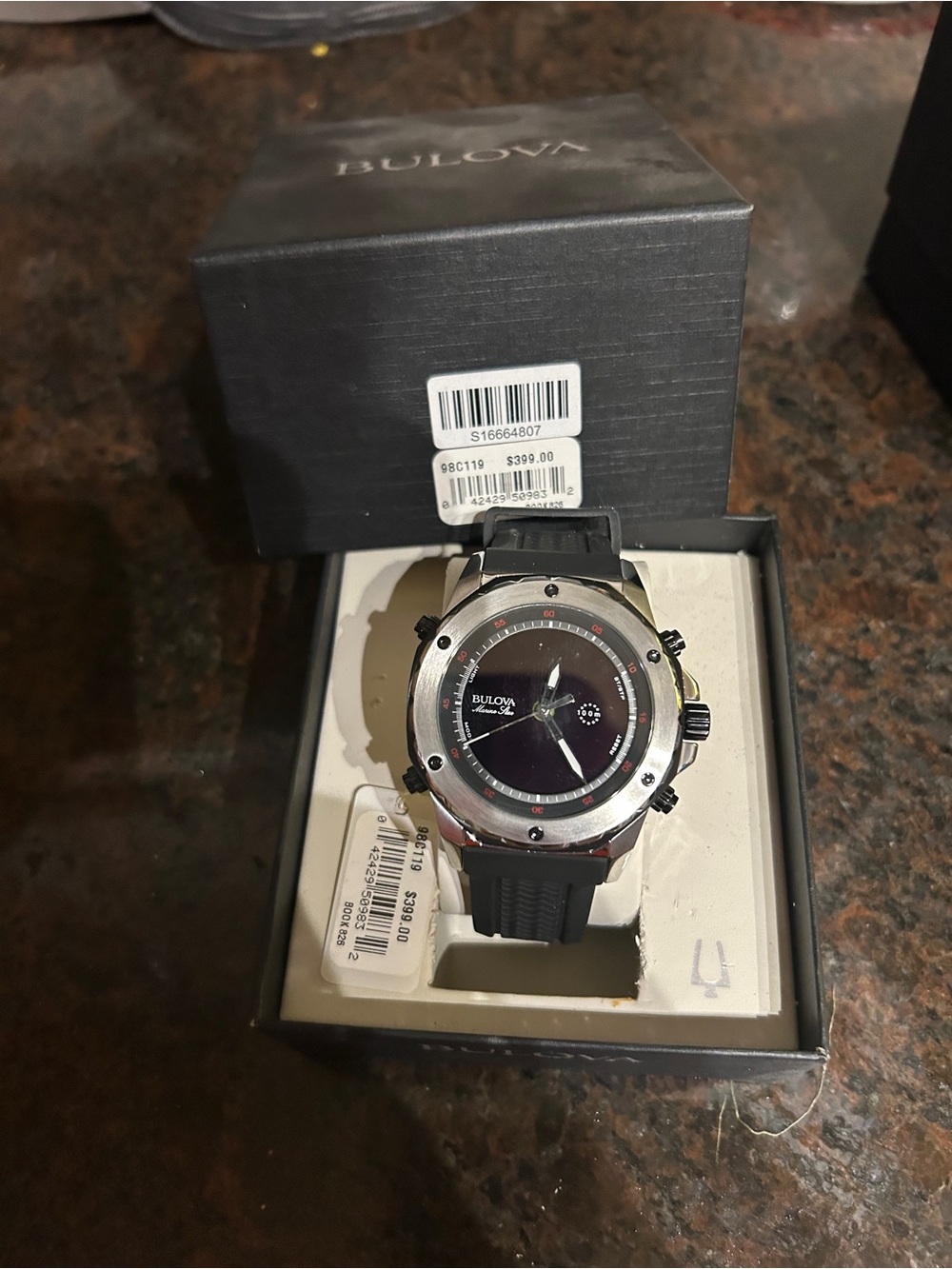 Bulova Marine Star Alarm, Men's Black Sport Watch with Stainless Steel Case